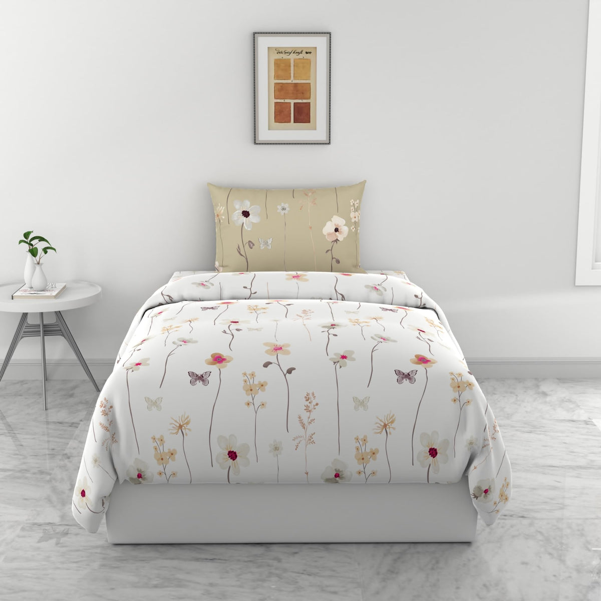 Loreto White Khaki Floral Vines & Floral Blooms Single Bedsheet | 144 TC | 100% Cotton | 54 x 84 Inches - main product image