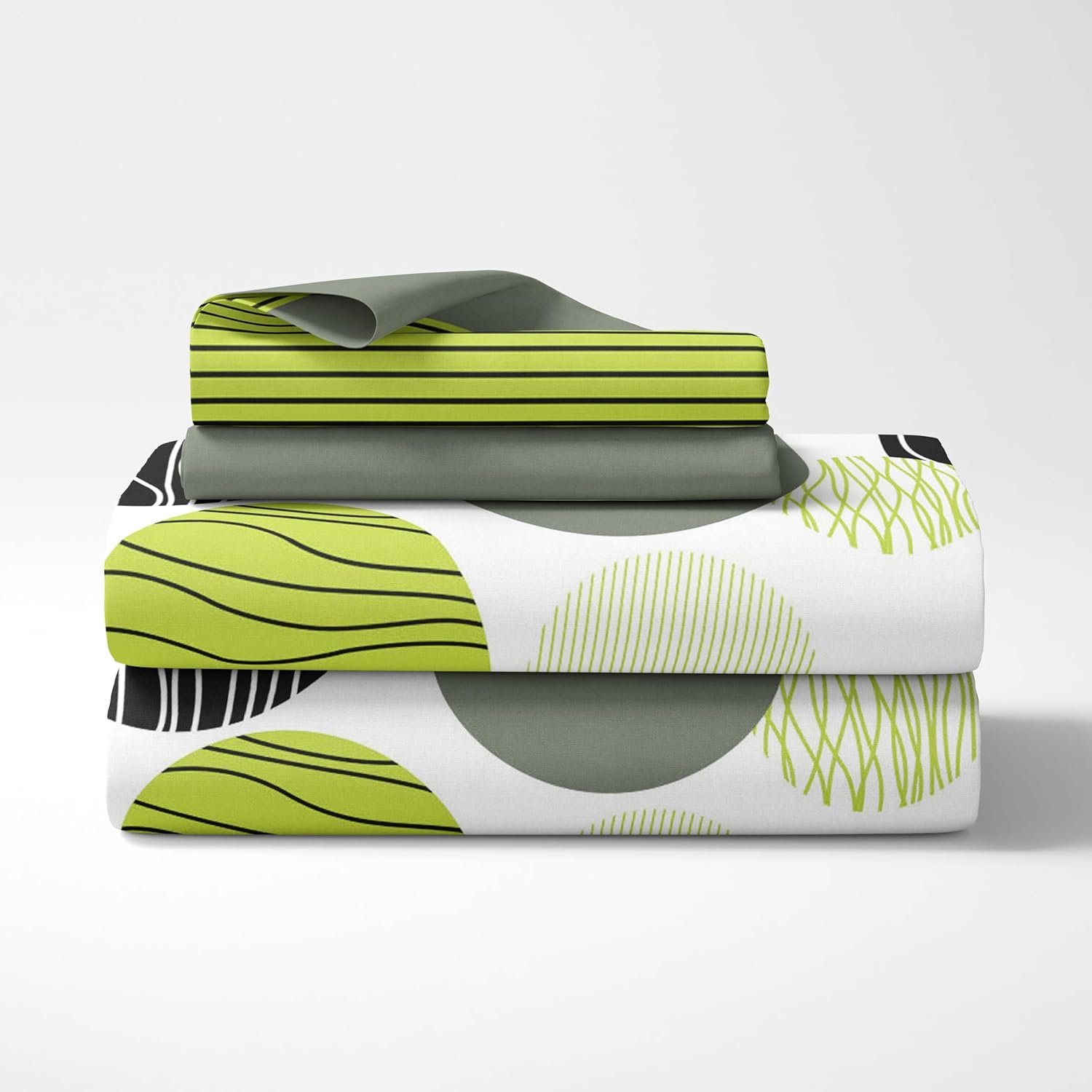 Olive Green and Grey Black Circle Geometric 100% Cotton Flat Double Bedsheet, 144 TC