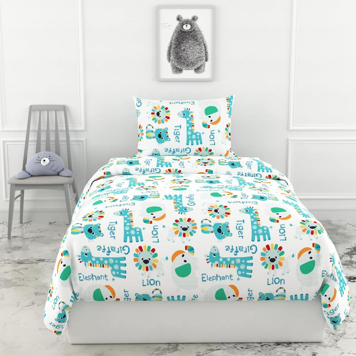 Loreto Cotton Single Bedsheet | Aqua & Rainbow Animal Parade Soft & Breathable