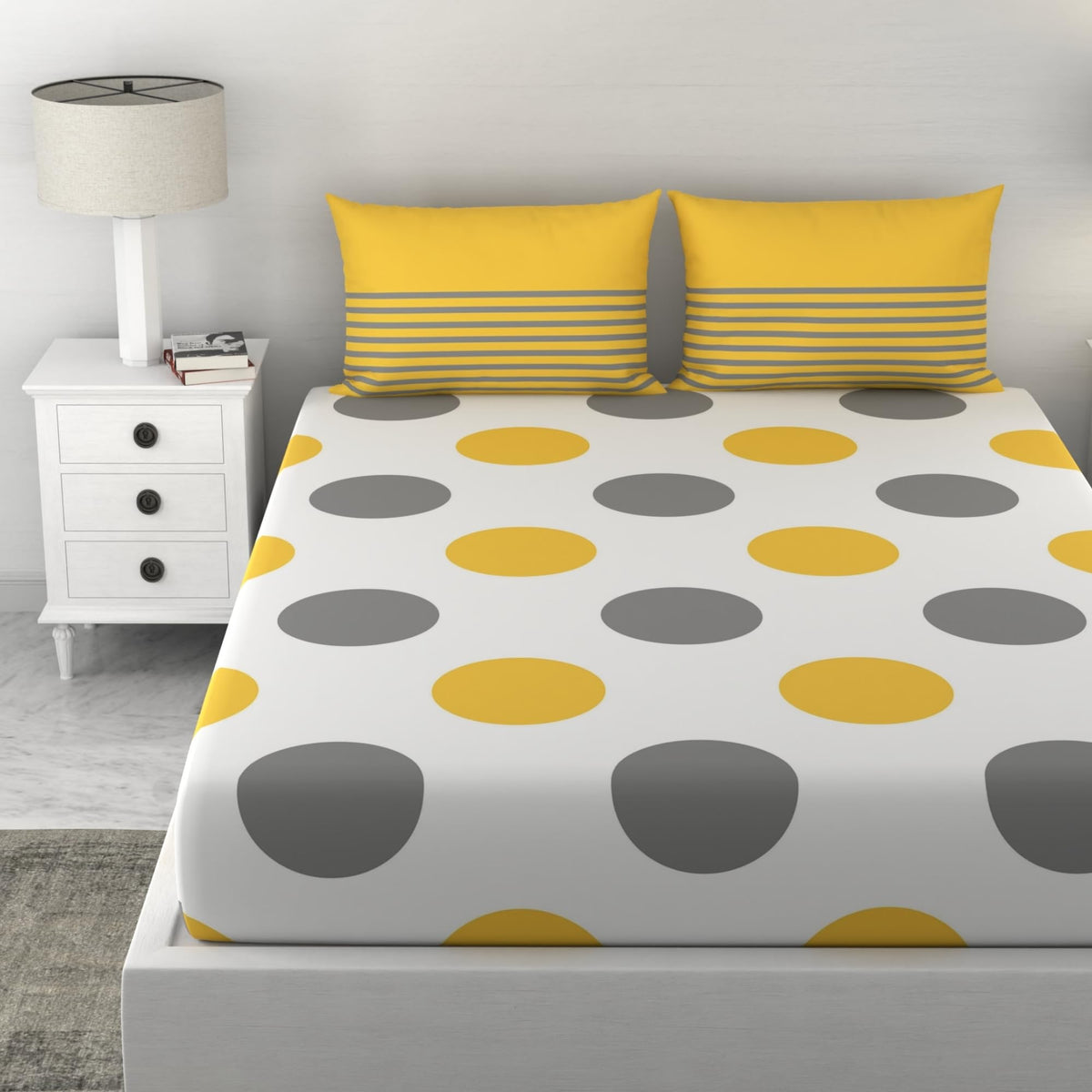 Loreto Cotton Double Bedsheet | Yellow and Grey Polka Dots