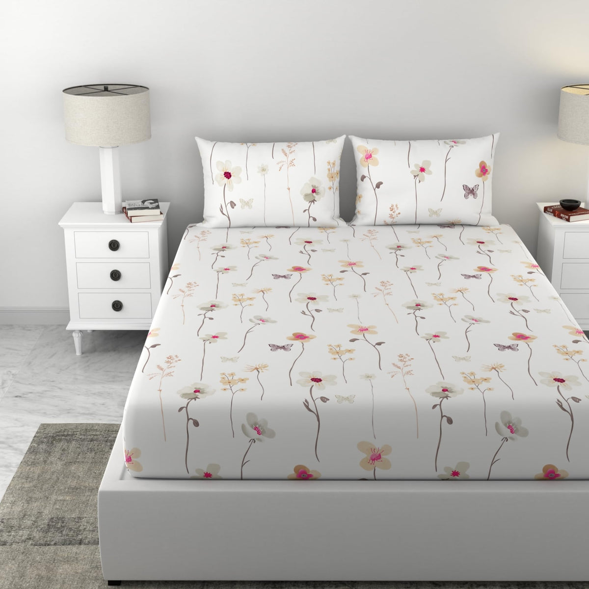 Loreto White Khaki Floral Vines Double Fitted Bedsheet | 144 TC | 100% Cotton | Fits 78 x 60 Inches | 8 Inch Pocket - main product image