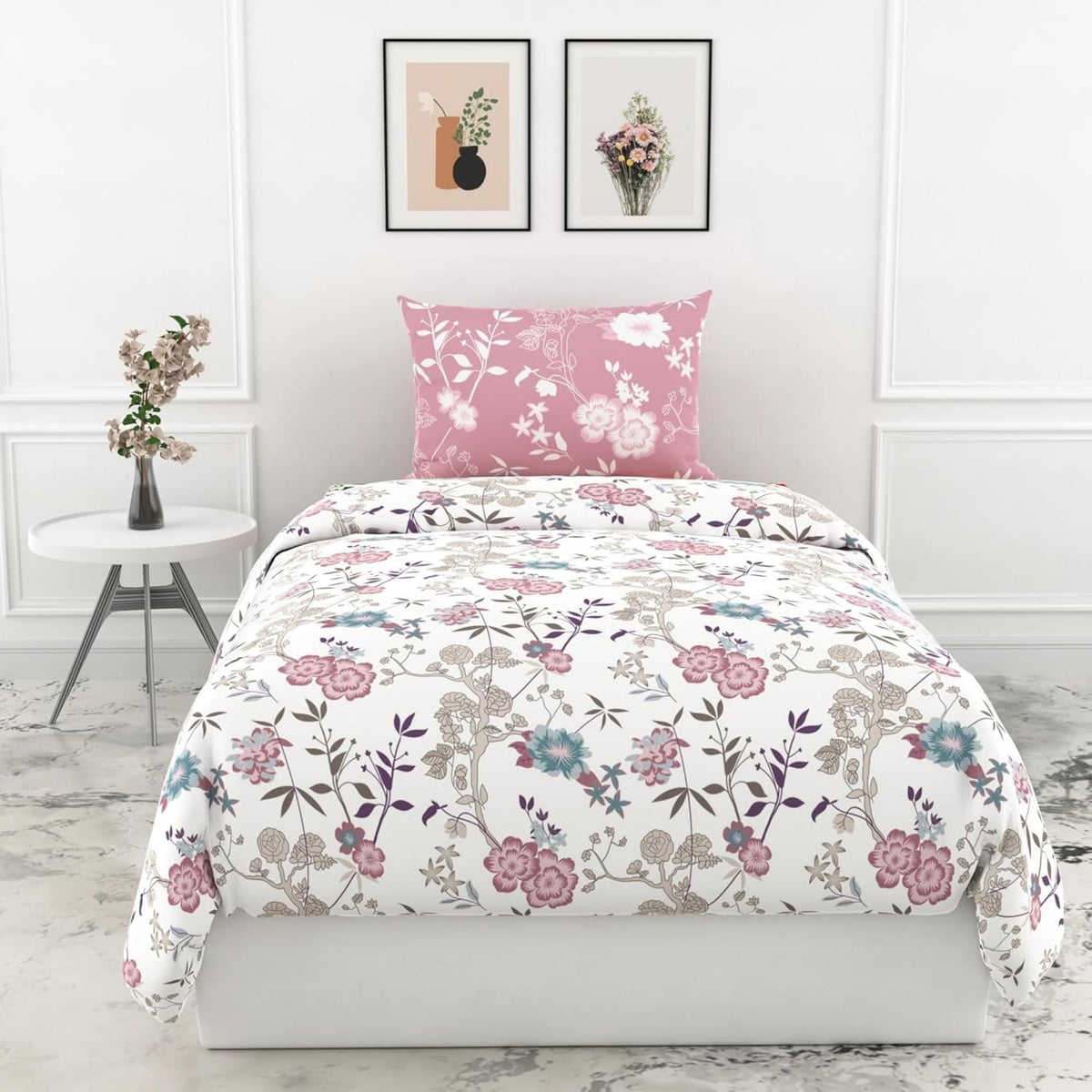 Loreto Cotton Single Bedsheet | Blush Pink & Teal Blooms Soft & Breathable
