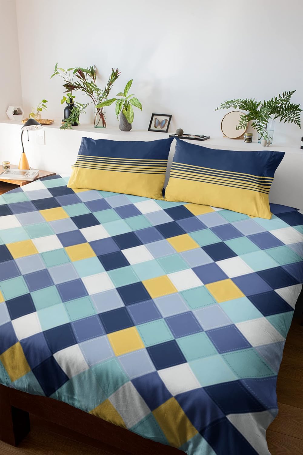 Vivid Blue and Yellow Checkered 100% Cotton Flat Double Bedsheet, 144 TC