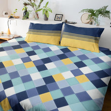 Vivid Blue and Yellow Checkered 100% Cotton Flat Double Bedsheet, 144 TC