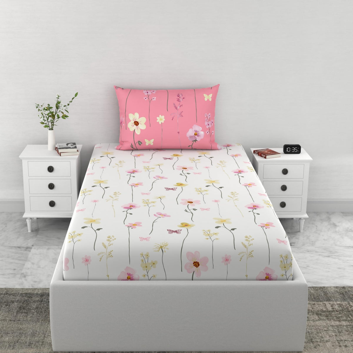 Loreto White Pink Floral Vines & Floral Blooms Single Fitted Bedsheet | 144 TC | 100% Cotton | Fits 72 x 36 Inches | 8 Inch Pocket - main product image