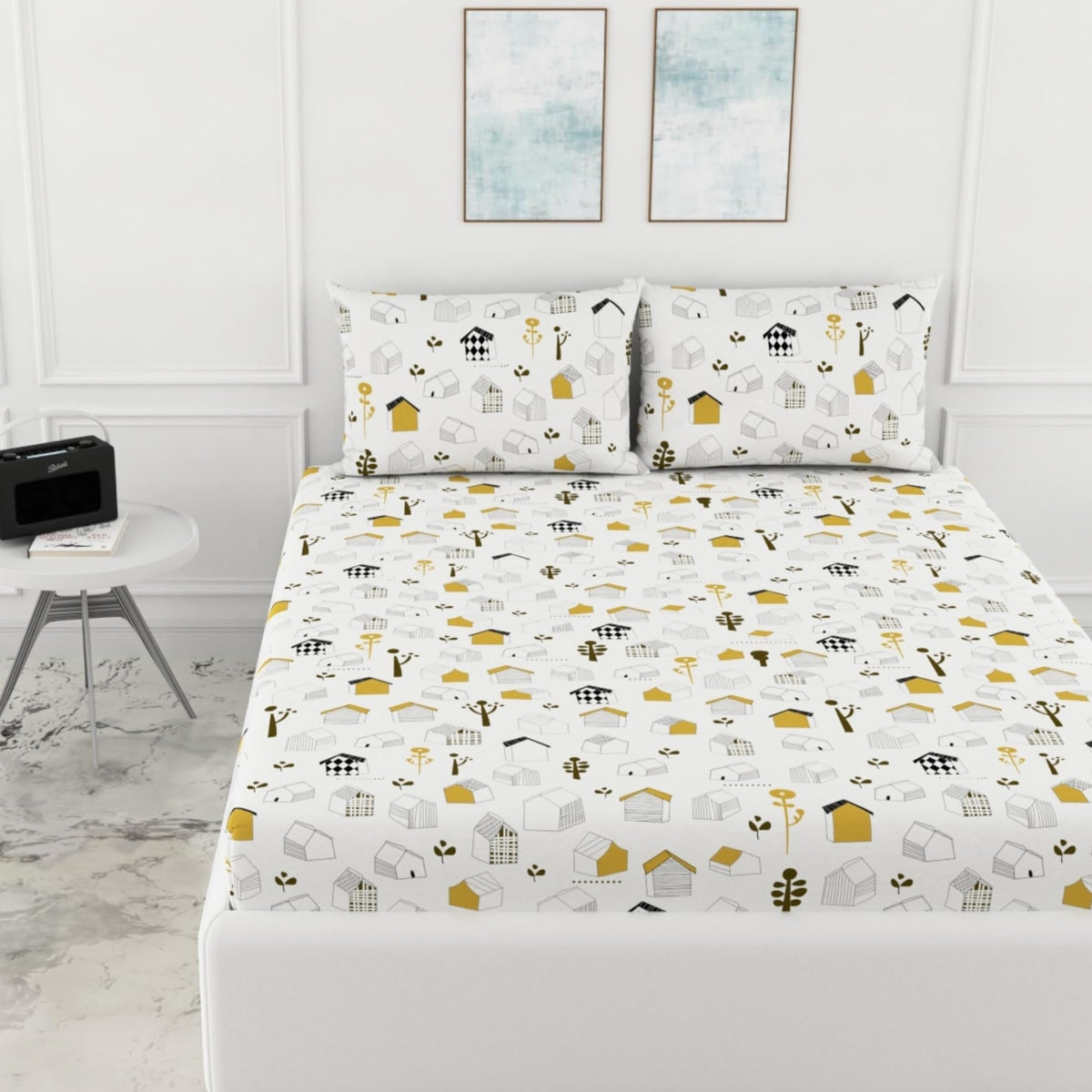 Loreto White Kids House Pattern Double Fitted Bedsheet | 144 TC | 100% Cotton | Fits 72 x 60 Inches | 8 Inch Pocket - main product image