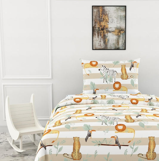 Jungle Beige & Green Adventure Soft & Breathable 100% Cotton Flat Single Bedsheet, 144 TC
