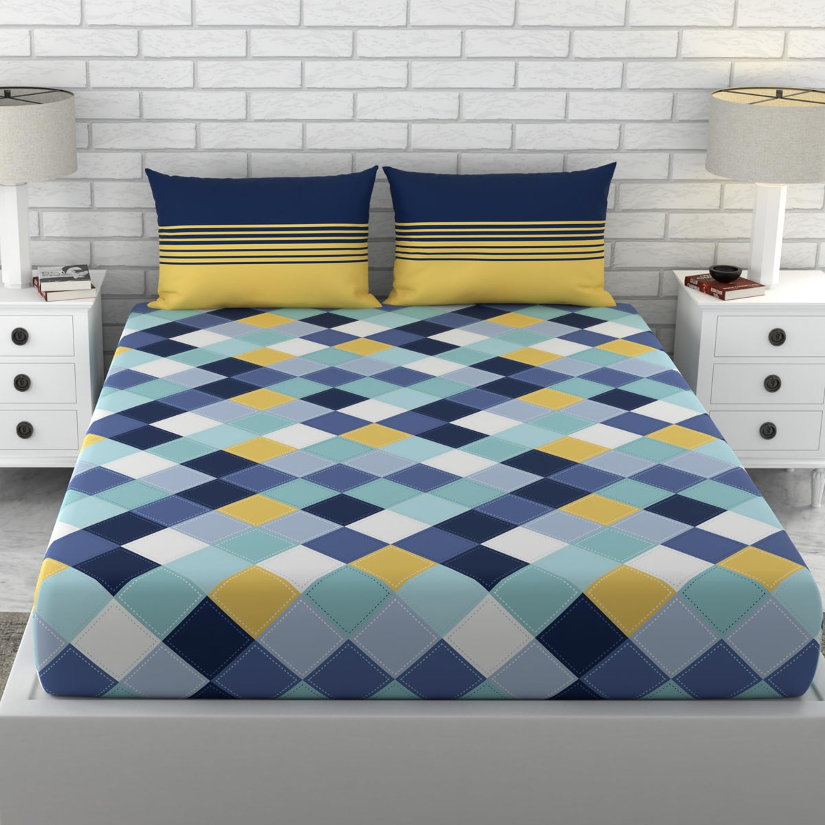 Loreto Vivid Blue and Yellow Checkered Double Fitted Bedsheet | 144 TC | 100% Cotton | Fits 72 x 60 Inches | 8 Inch Pocket - main product image