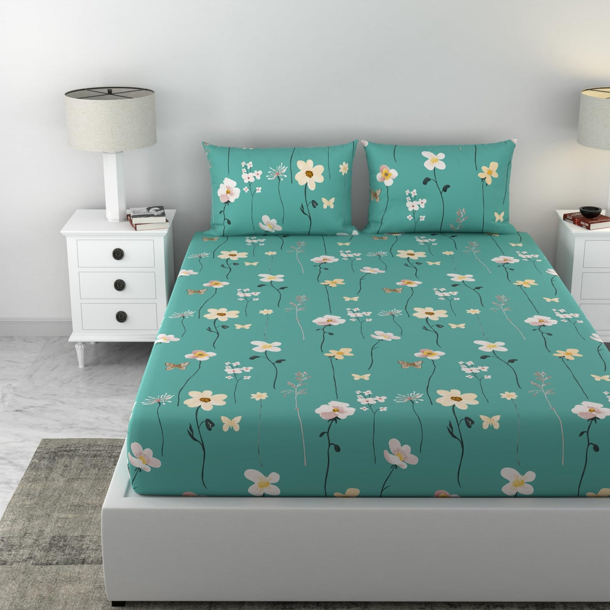 Loreto Teal Floral Blooms King Fitted Bedsheet | 144 TC | 100% Cotton | Fits 72 x 72 Inches | 8 Inch Pocket - main product image