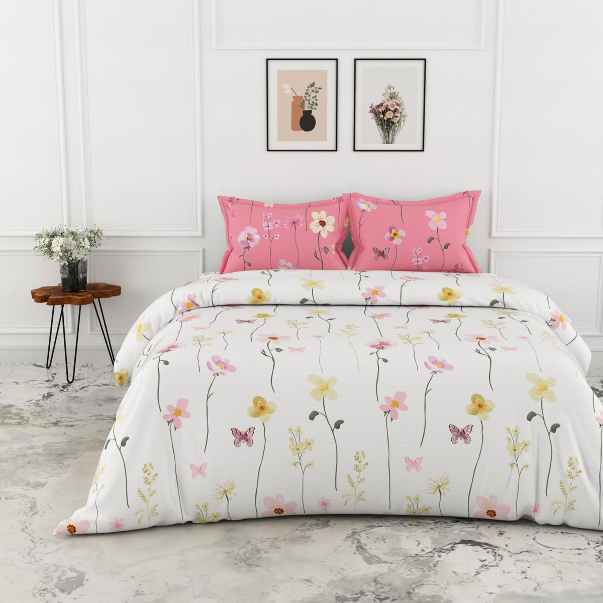 Loreto White Pink Floral Vines & Floral Blooms King Bedsheet | 144 TC | 100% Cotton | 104 x 104 Inches - main product image