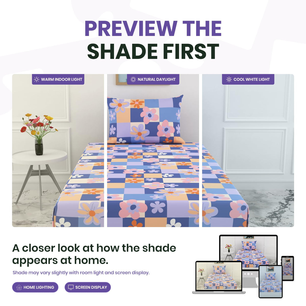 Pastel Floral 144 TC 100% Cotton Elastic Fitted Single Bedsheet with 1 Pillow Cover - 78 x 36 Inches