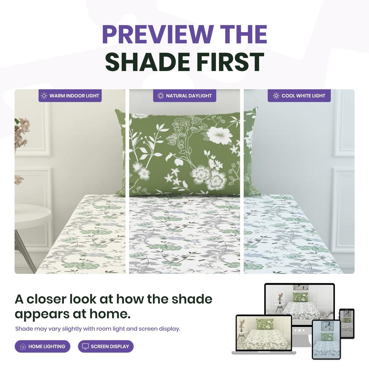 Green Floral Harmony 144 TC 100% Cotton Elastic Fitted Single Bedsheet with 1 Pillow Cover - 78 x 36 Inches