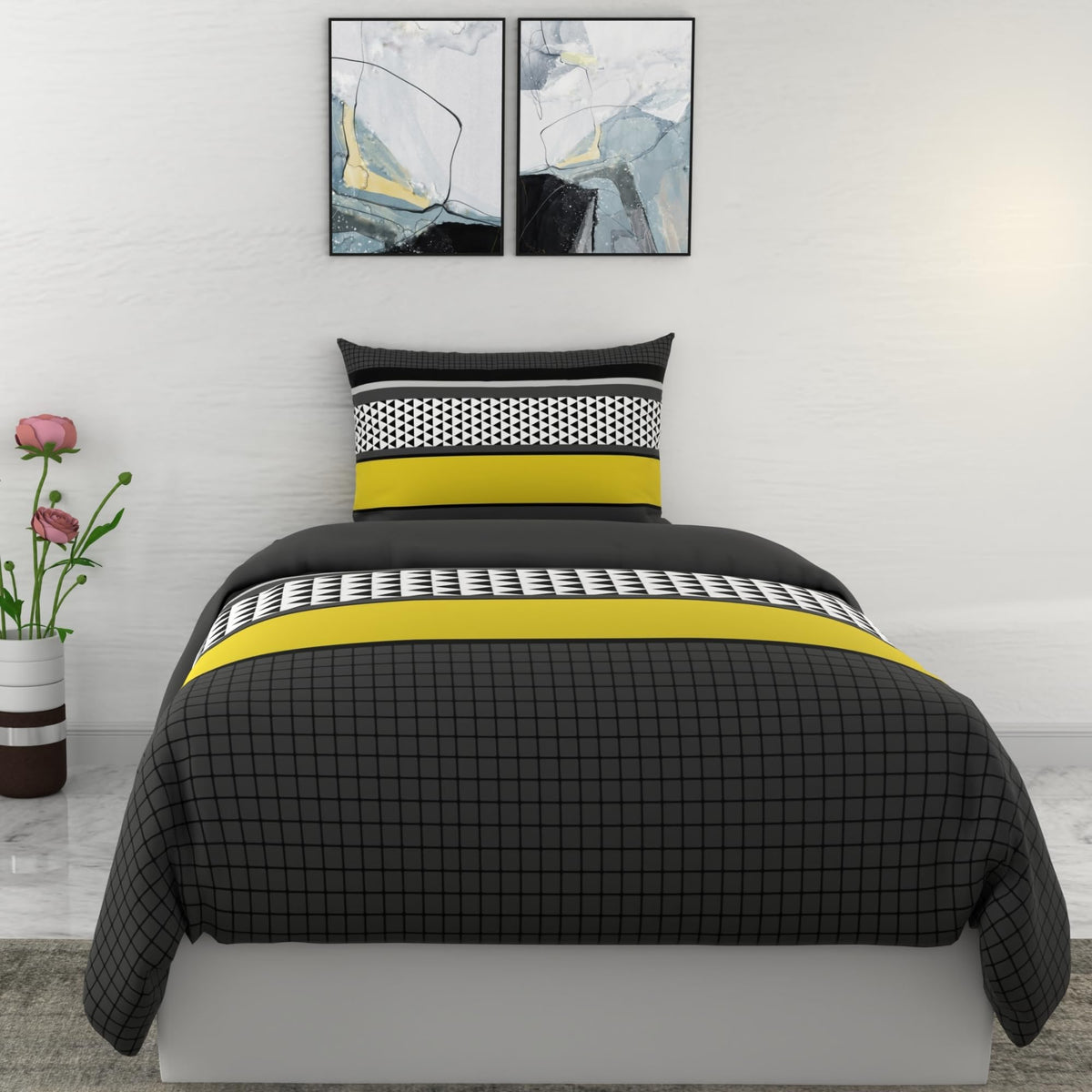 Loreto Cotton Single Bedsheet | Stone Grey and Yellow Striped