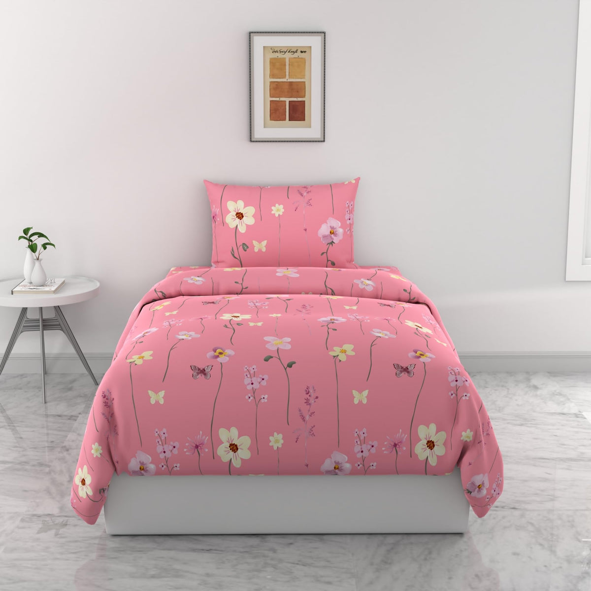 Loreto Pink Floral Blooms Single Bedsheet | 144 TC | 100% Cotton | 54 x 84 Inches - main product image