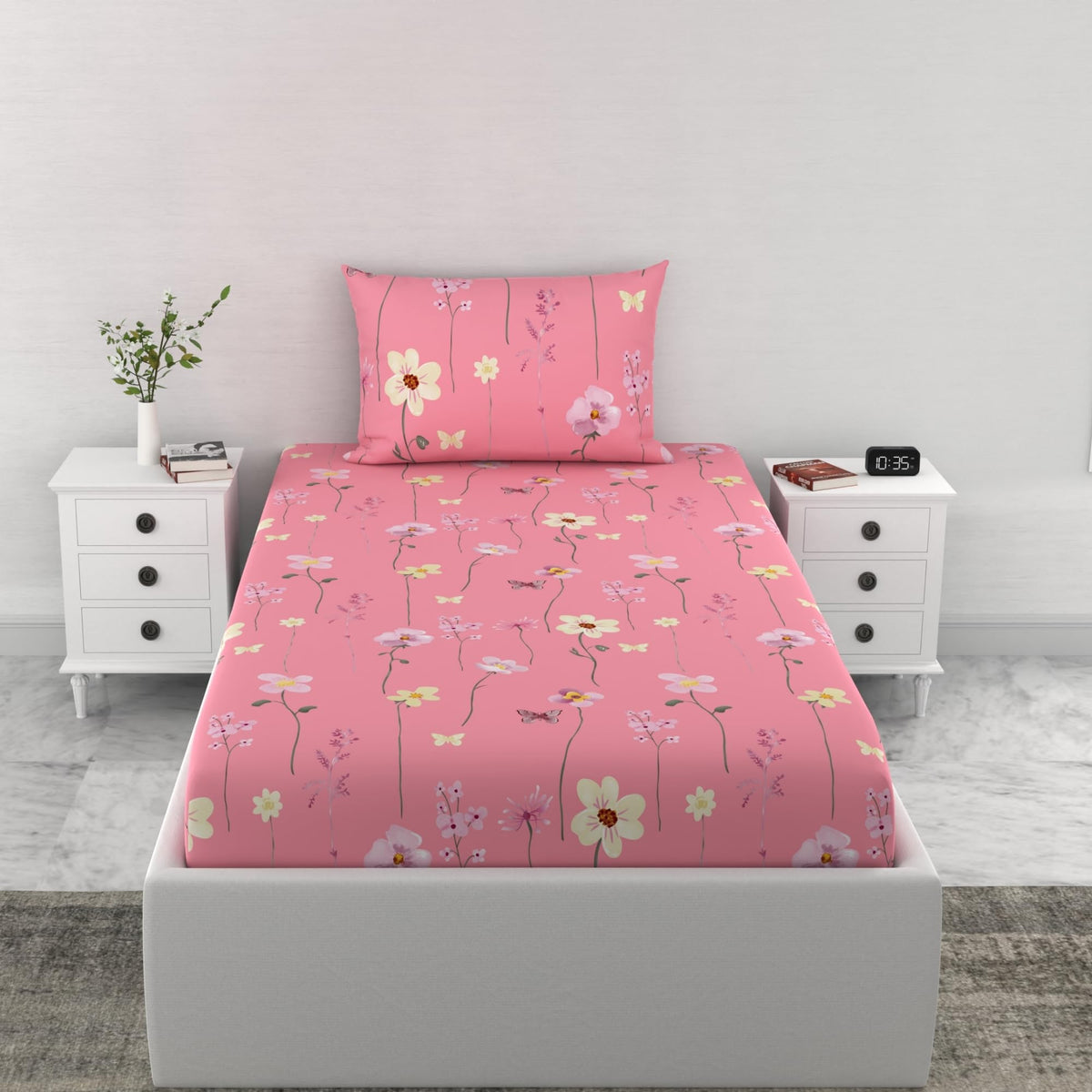 Loreto Pink Floral Blooms Single Fitted Bedsheet | 144 TC | 100% Cotton | Fits 72 x 36 Inches | 8 Inch Pocket - main product image