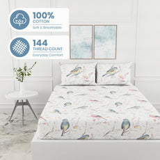 Blush Pink & Blue Bird 186 TC Cotton Fitted King Size Bedsheet with 2 Pillow Covers - 78 x 72 Inches | Soft, Breathable & All-Around Elastic