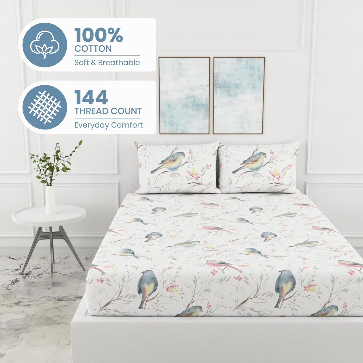 Blush Pink & Blue Bird 186 TC Cotton Fitted King Size Bedsheet with 2 Pillow Covers - 78 x 72 Inches | Soft, Breathable & All-Around Elastic