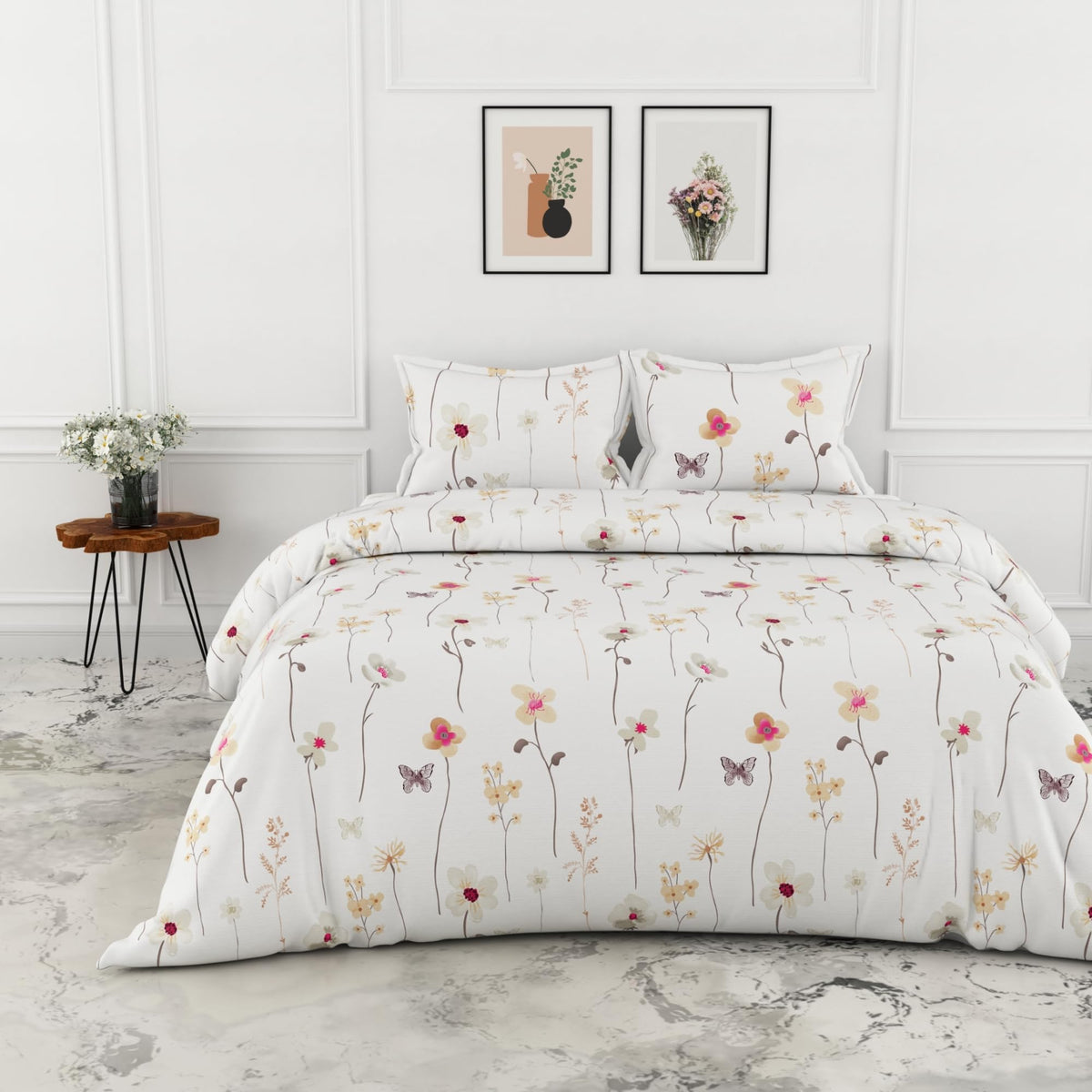 Loreto White Khaki Floral Vines Double Bedsheet | 144 TC | 100% Cotton | 88 x 90 Inches - main product image