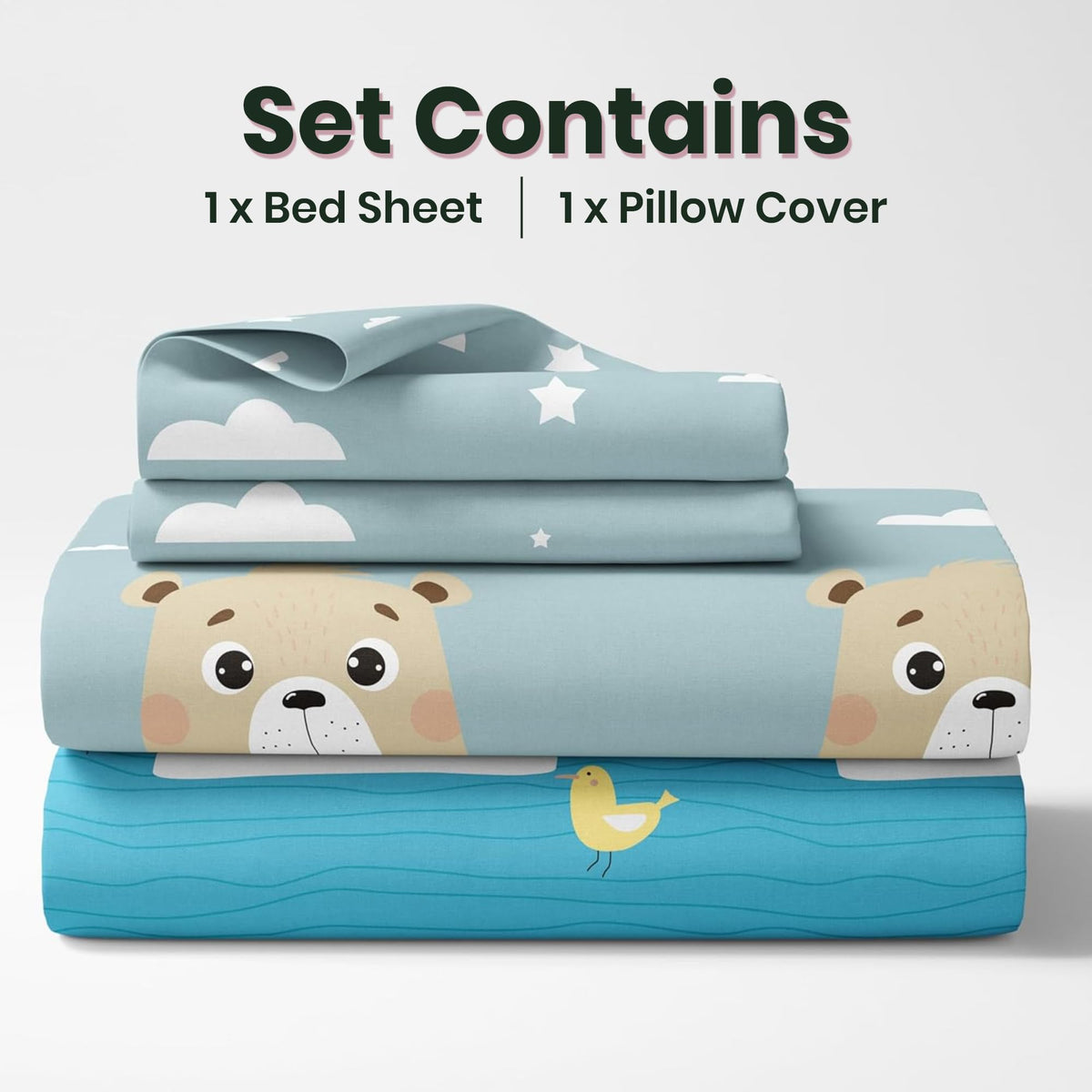 Bear & Duck 100% Cotton Bedsheet for Single Bed | 186 TC Percale Weave Soft & Durable Flat Sheet with Pillow Cover | 58 x 88 Inches