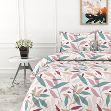 Pink Leaf Double Bedsheet - 210 TC 100% Cotton with 2 Pillow Covers (90 x 90 Inches)