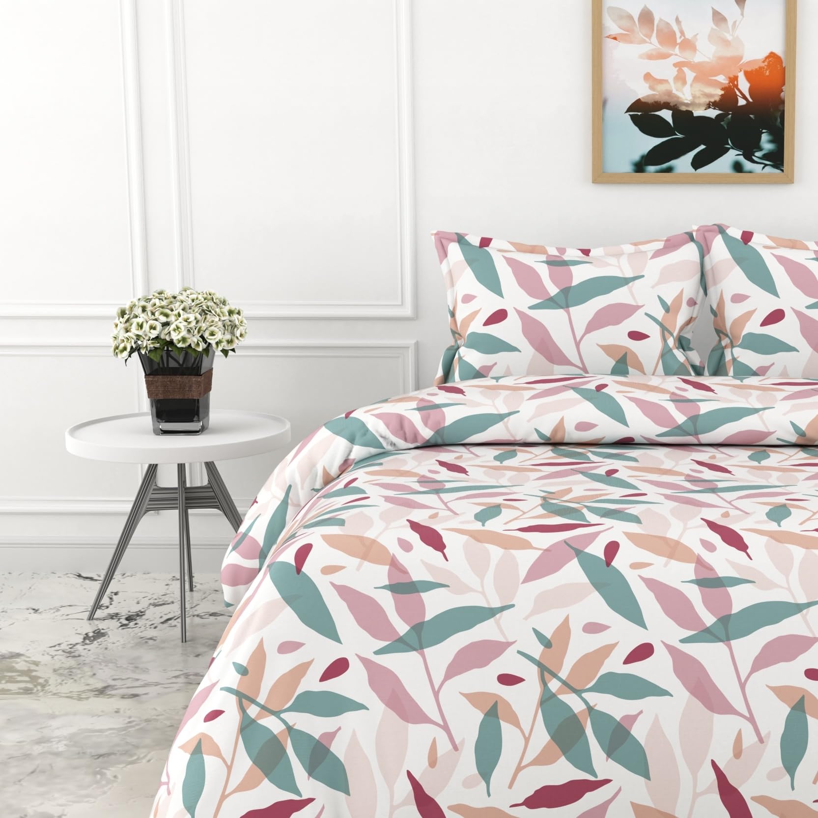 Pink Leaf Double Bedsheet - 210 TC 100% Cotton with 2 Pillow Covers (90 x 90 Inches)