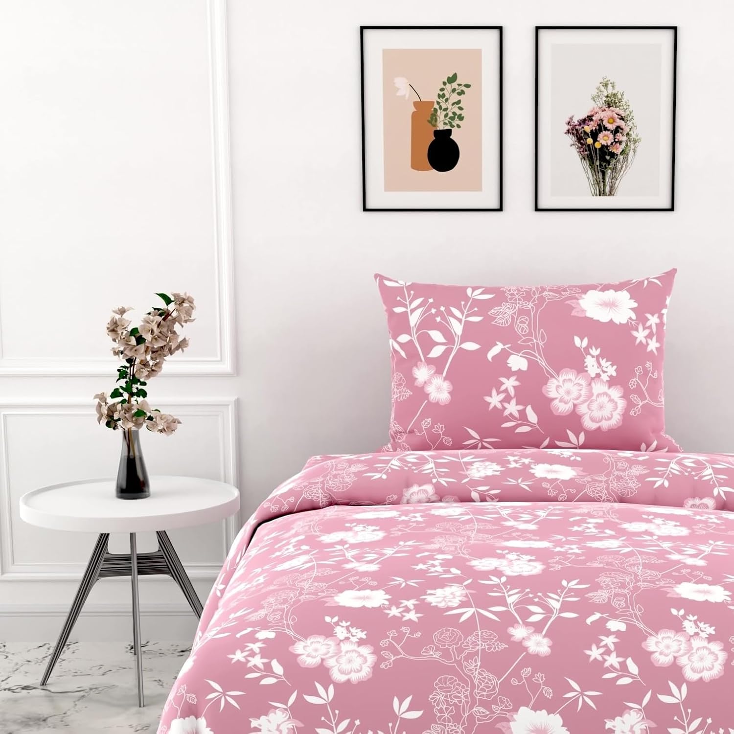 Blush Pink Vine Blooms Soft & Breathable 100% Cotton Flat Single Bedsheet, 144 TC