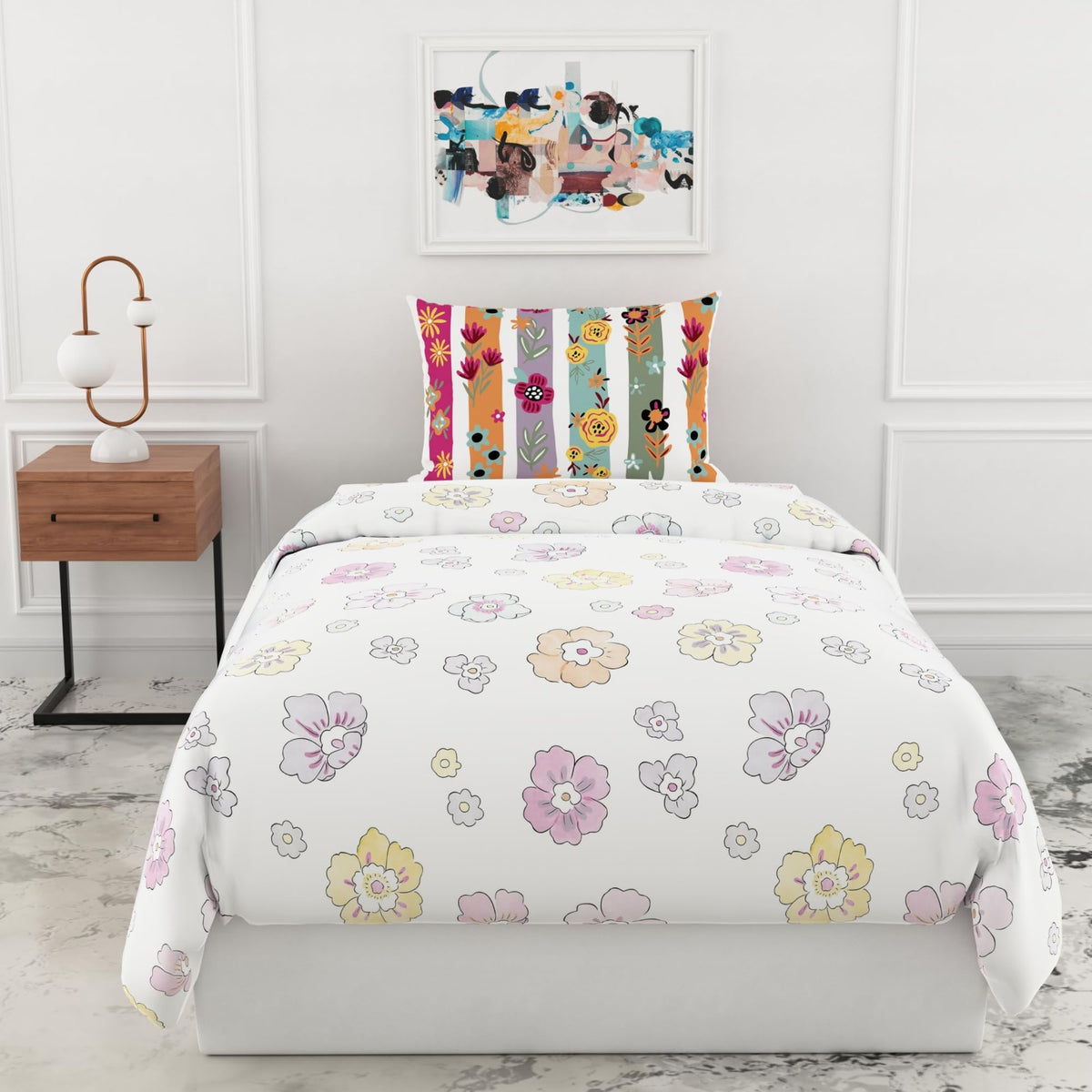 Loreto White Pastel Mini Florals Single Bedsheet | 144 TC | 100% Cotton | 54 x 84 Inches - main product image
