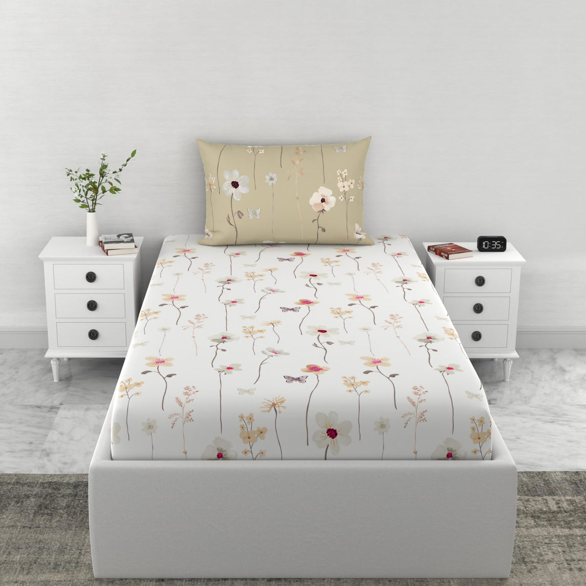 Loreto White Khaki Floral Vines & Floral Blooms Single Fitted Bedsheet | 144 TC | 100% Cotton | Fits 72 x 36 Inches | 8 Inch Pocket - main product image