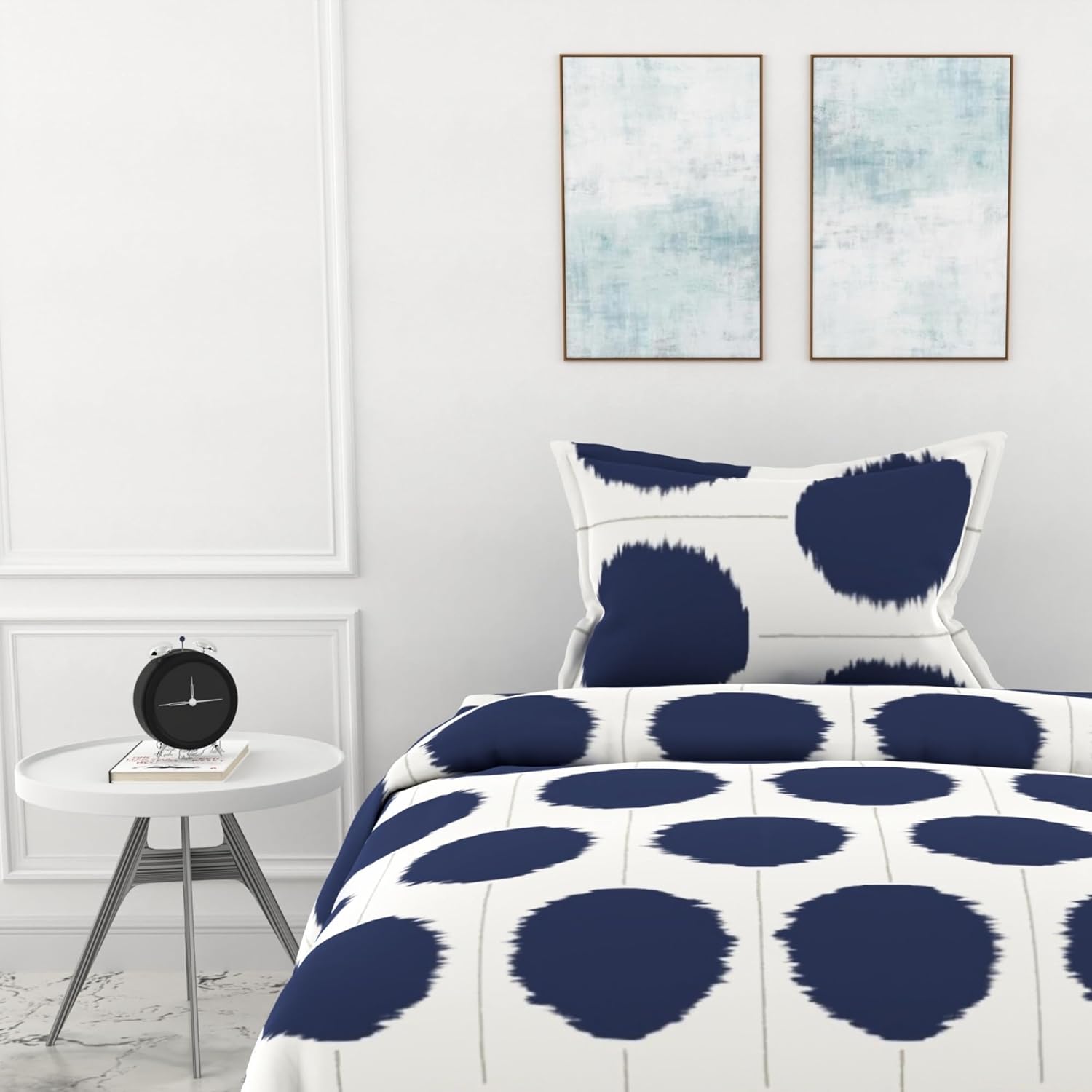 Navy Haze Big Polka Dots 100% Cotton Single Fitted Bedsheet, 144 TC