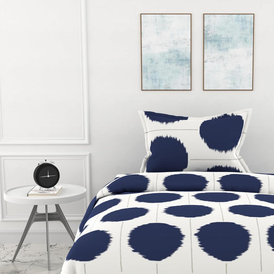 Navy Haze Big Polka Dots 100% Cotton Single Fitted Bedsheet, 144 TC