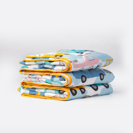 Bubblegum Blue & Bus Yellow Cars 100% Cotton Reversible Comforter for Single Bed | 150 GSM Lightweight Winter Quilt | AC Blanket 54" x 84"