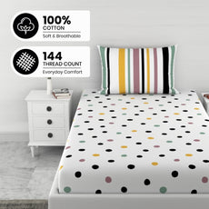 Lemon Drops with Black Polka Dots 144 TC Cotton Fitted Single Bed Sheet with 1 Pillow Cover - Soft, Breathable & All-Around Elastic (72 x 36 Inches)