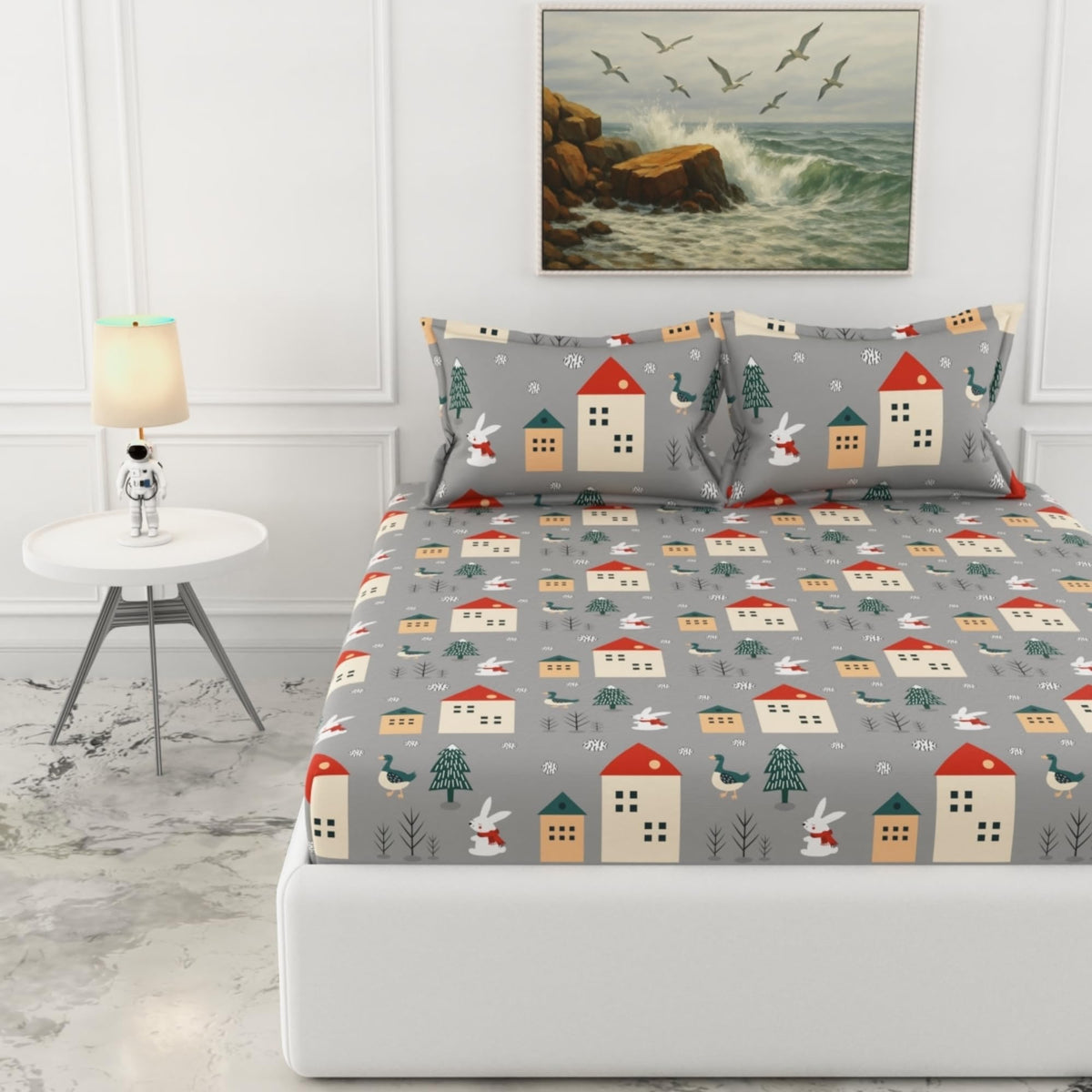 Loreto Grey Bunny Double Fitted Bedsheet | 186 TC | 100% Cotton | Fits 78 x 60 Inches | 8 Inch Pocket - main product image
