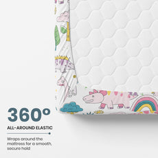 Rainbow Dino Fun & Deep Blue Olive Waves 100% Cotton Double Fitted Bedsheet with 2 Pillow Covers, 144 TC, 78 x 60 Inches