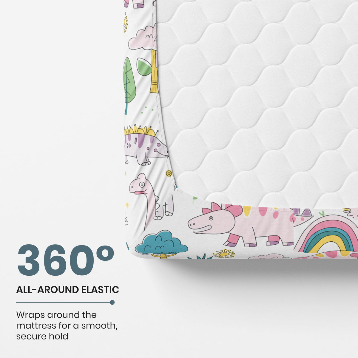 Rainbow Dino Fun & Deep Blue Olive Waves 100% Cotton Double Fitted Bedsheet with 2 Pillow Covers, 144 TC, 78 x 60 Inches