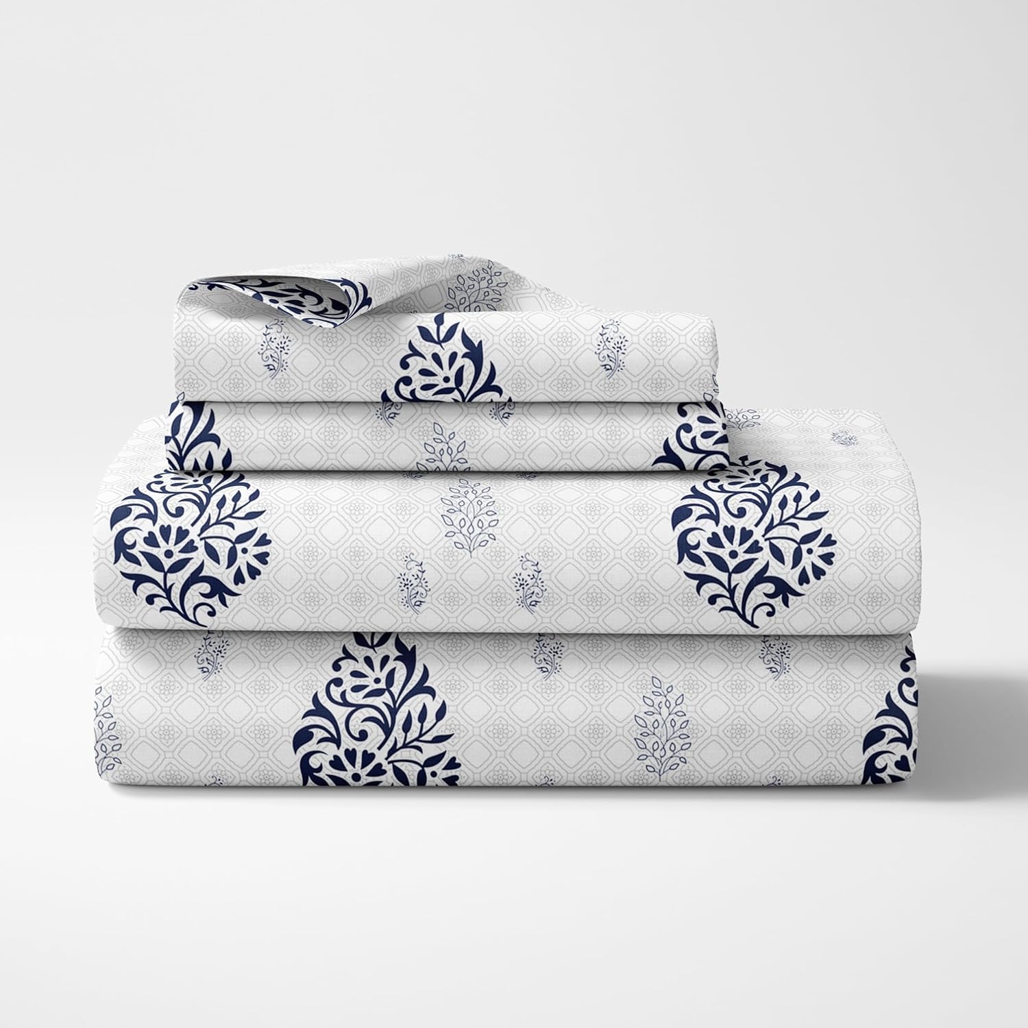 Navy Blue Floral Motif 186 TC Cotton King Size Elastic Fitted Bedsheet with 2 Pillow Covers - 78 x 72 Inches