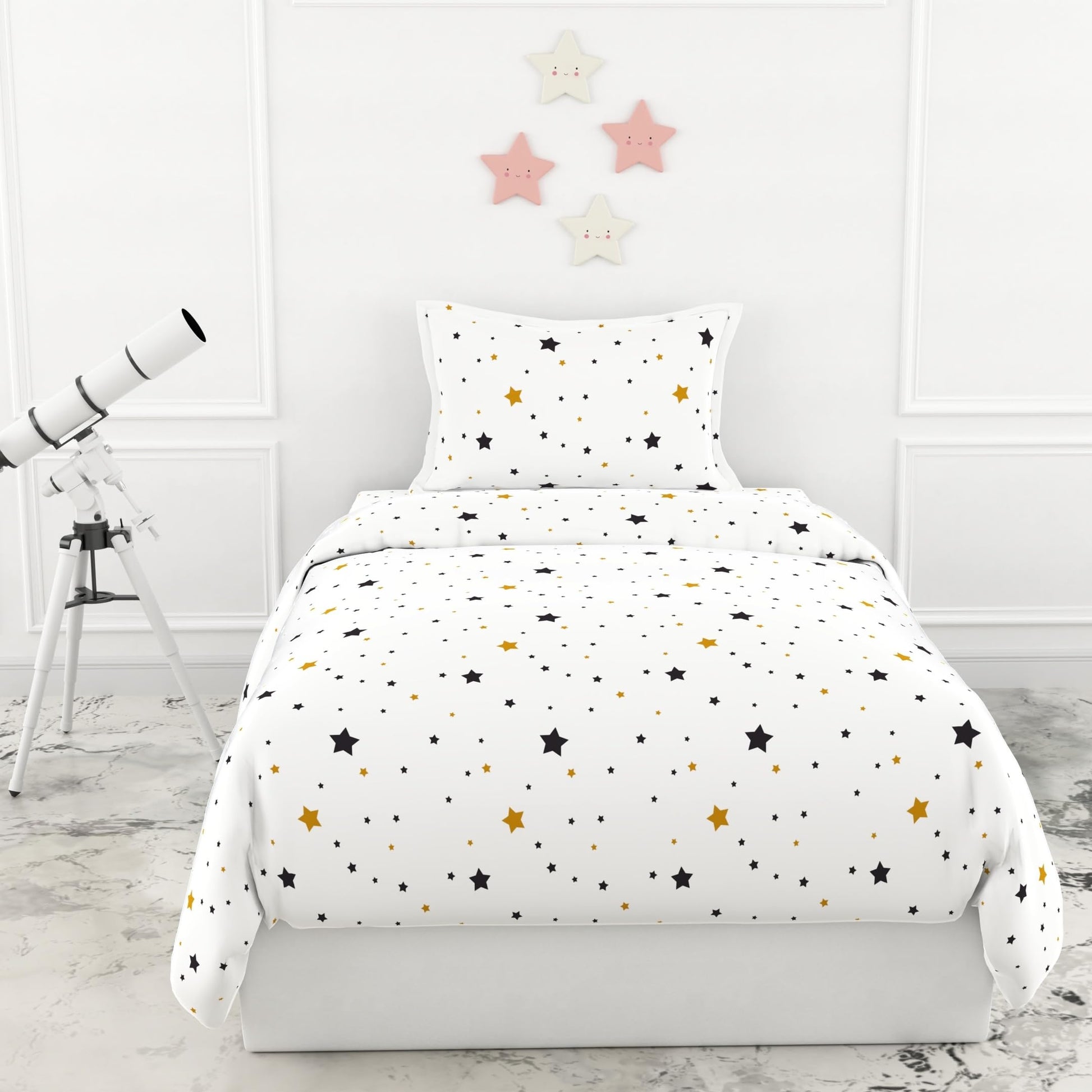 Black & Gold Stars Single Bedsheet - 210 TC 100% Cotton with 1 Pillow Cover (58 x 88 Inches)