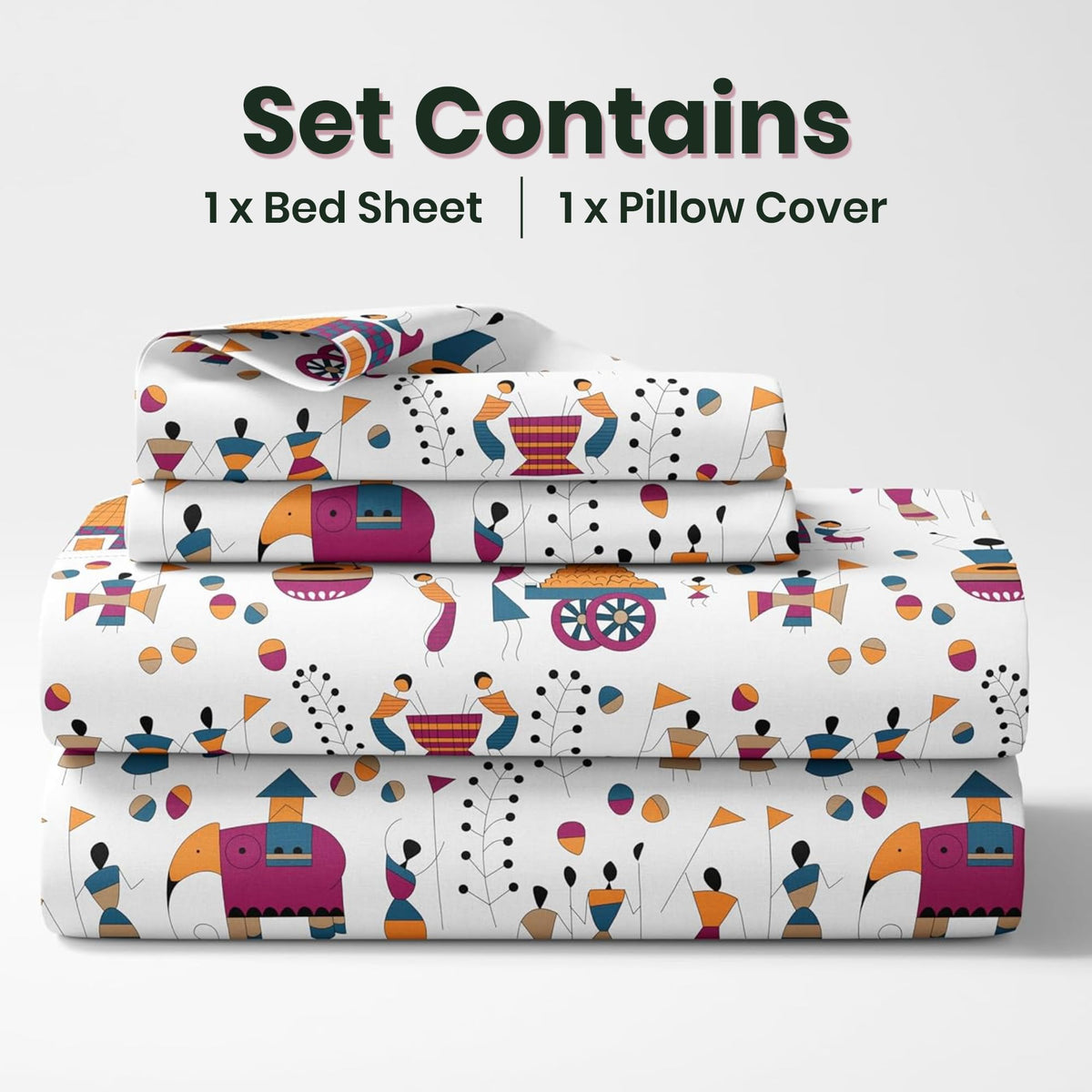 Tribal Motifs 100% Cotton Single Bed Bedsheet with Pillow Cover | 186 TC Percale Weave | Soft, Durable & Breathable Flat Sheet 58 x 88 Inches
