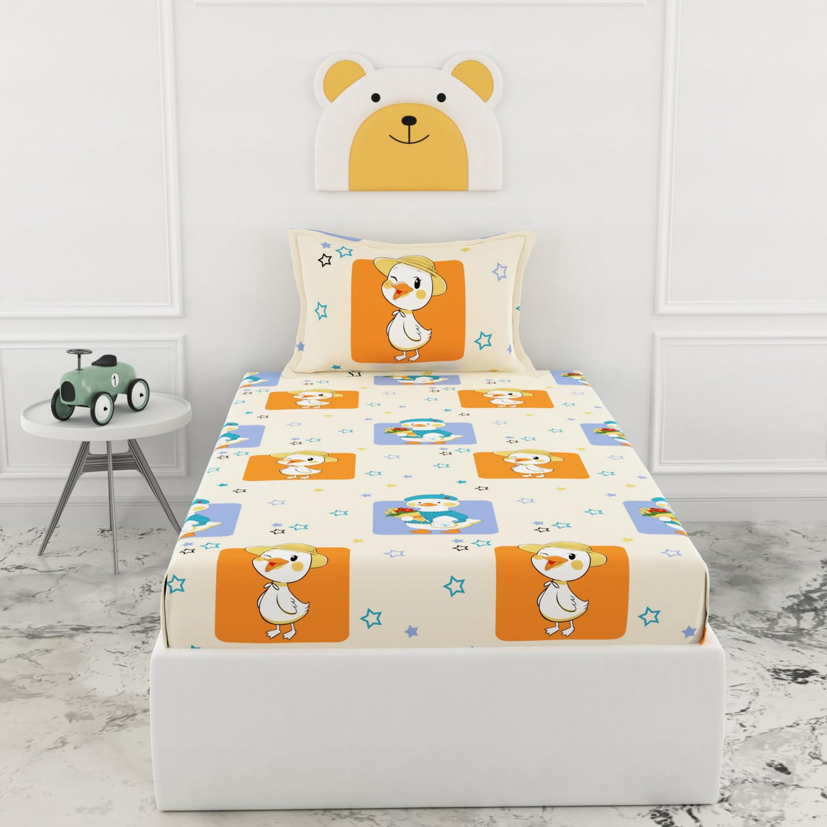 Loreto Playful Ducks Single Fitted Bedsheet | 186 TC | 100% Cotton | Fits 78 x 36 Inches | 8 Inch Pocket - main product image
