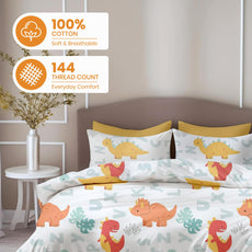 Orange & Mint Alphabet Dino Play Soft & Breathable 100% Cotton Flat King Bedsheet, 144 TC