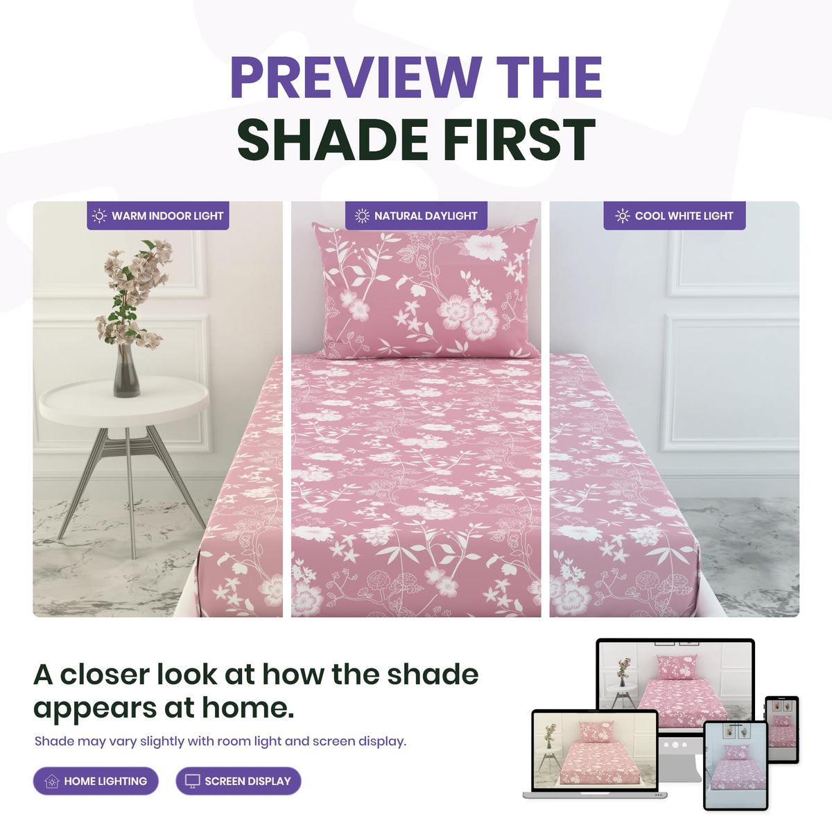 Blush Pink Vine Blooms 144 TC 100% Cotton Elastic Fitted Single Bedsheet with 1 Pillow Cover - 72 x 36 Inches