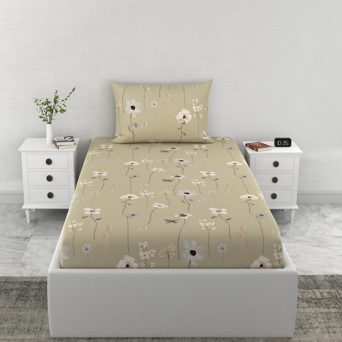Loreto Khaki Floral Blooms Single Fitted Bedsheet | 144 TC | 100% Cotton | Fits 78 x 36 Inches | 8 Inch Pocket - main product image