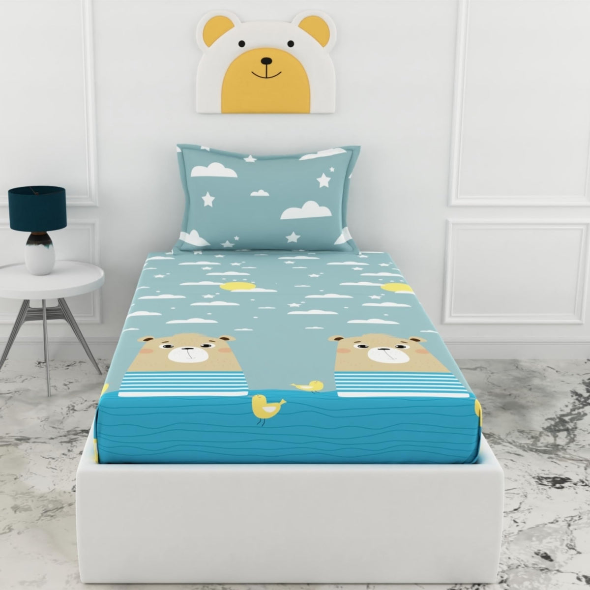 Loreto Aqua Blue Bear & Duck Single Fitted Bedsheet | 186 TC | 100% Cotton | Fits 78 x 36 Inches | 8 Inch Pocket - main product image
