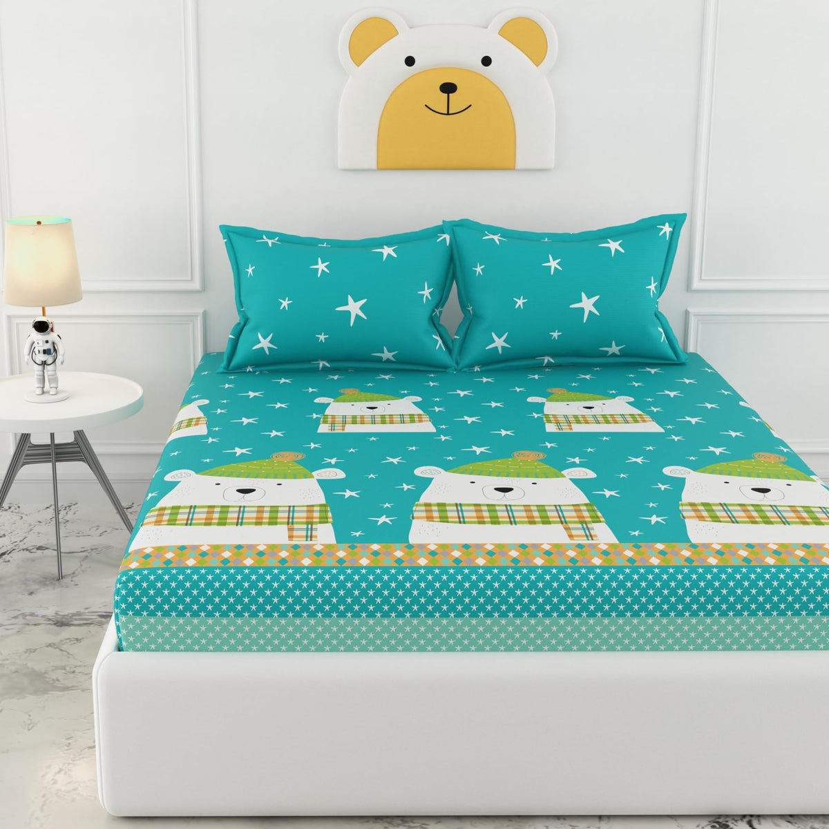 Loreto Teal Bear Double Fitted Bedsheet | 186 TC | 100% Cotton | Fits 78 x 60 Inches | 8 Inch Pocket - main product image
