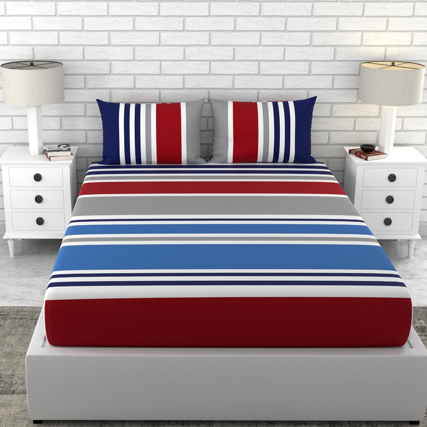 England Blue and Red 100% Cotton Flat Double Bedsheet, 144 TC