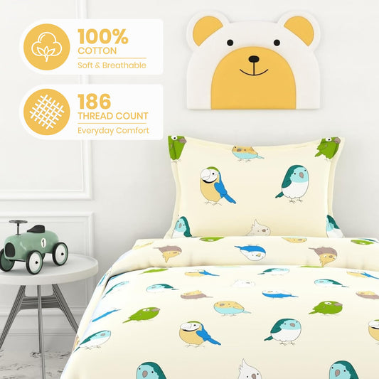Multicolor Birds 100% Cotton Single Bed Bedsheet with Pillow Cover | 186 TC Percale Weave | Soft, Durable & Breathable Flat Sheet 58 x 88 Inches