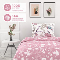 Soft Pink Florals Soft & Breathable 100% Cotton Flat Single Bedsheet, 144 TC