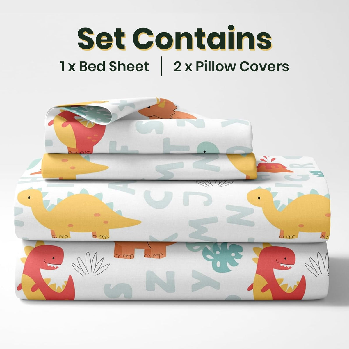 Orange & Mint Alphabet Dino Play Soft & Breathable 100% Cotton Flat King Bedsheet, 144 TC