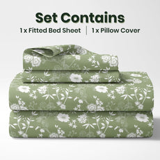 Green Floral Whisper 144 TC 100% Cotton Elastic Fitted Single Bedsheet with 1 Pillow Cover - 78 x 36 Inches