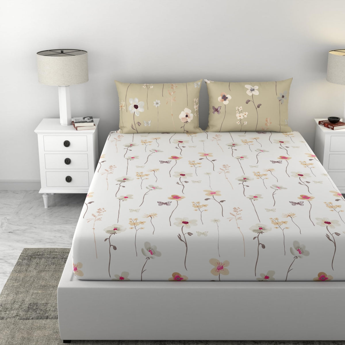 Loreto White Khaki Floral Vines & Floral Blooms King Fitted Bedsheet | 144 TC | 100% Cotton | Fits 78 x 72 Inches | 8 Inch Pocket - main product image
